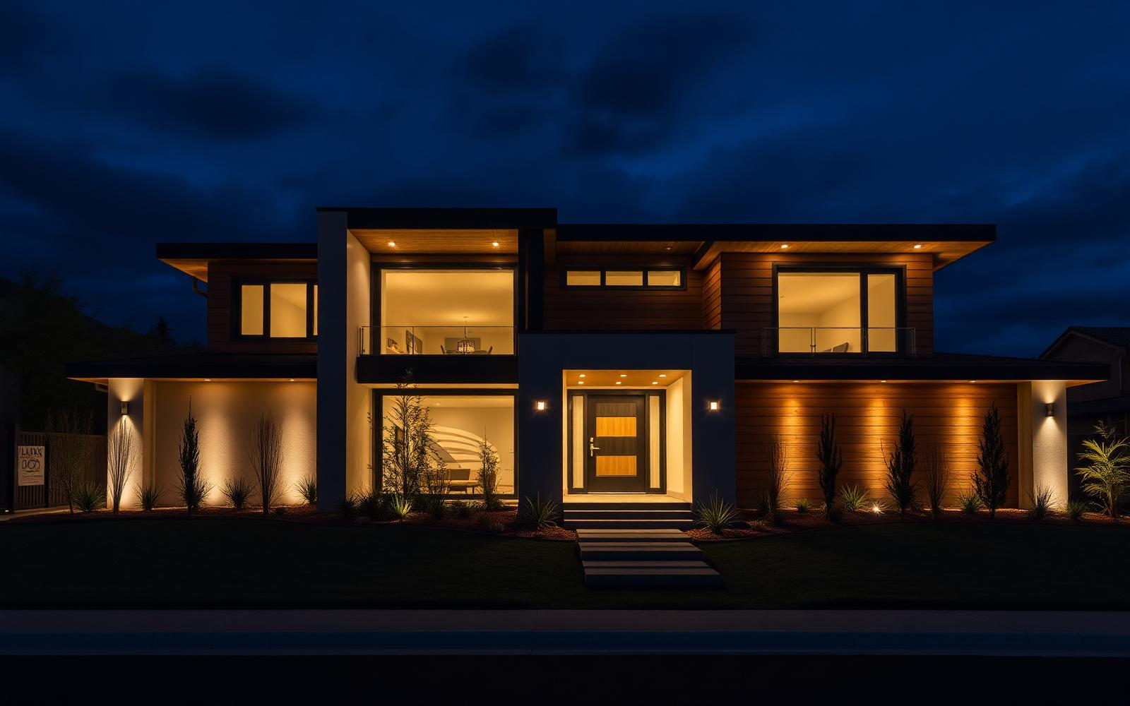 Casa moderna reformada iluminada à noite